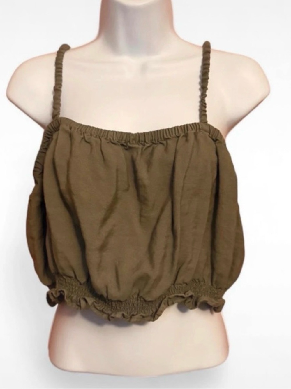 American Eagle Outfitters Olive Bubble Smocked Crop Top